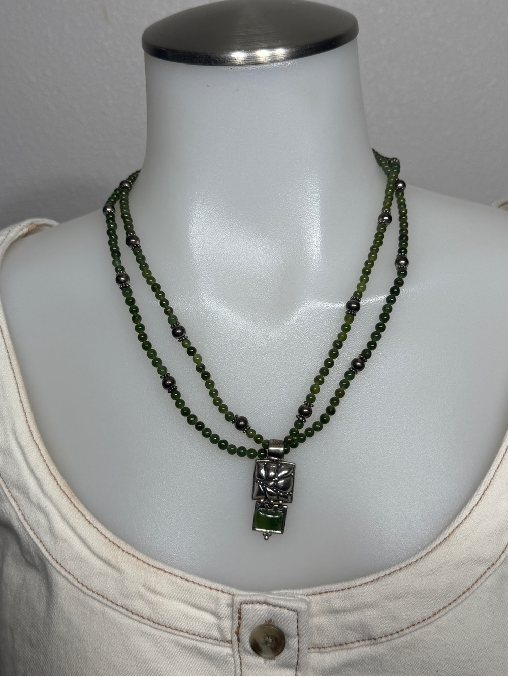 925 Sterling Silver Green Stone Double Strand Statement Necklace